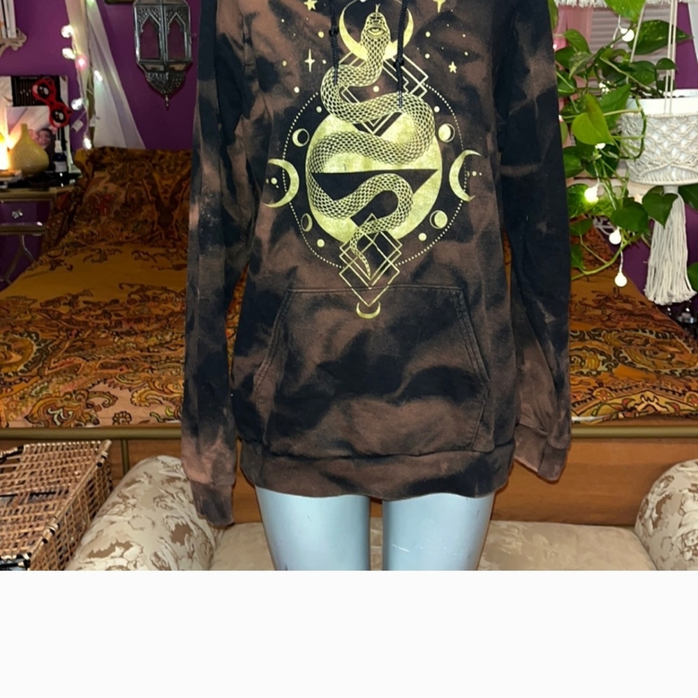 OOAK Tie Dye Black & Gold Snake Serpent Moon Occult Hoodie. L